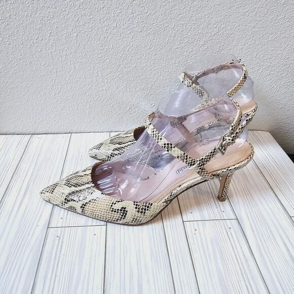 Charles David Womens Ankle Strap Pumps Beige Snakeskin Kitten Heel Buckle 9M - Picture 1 of 6